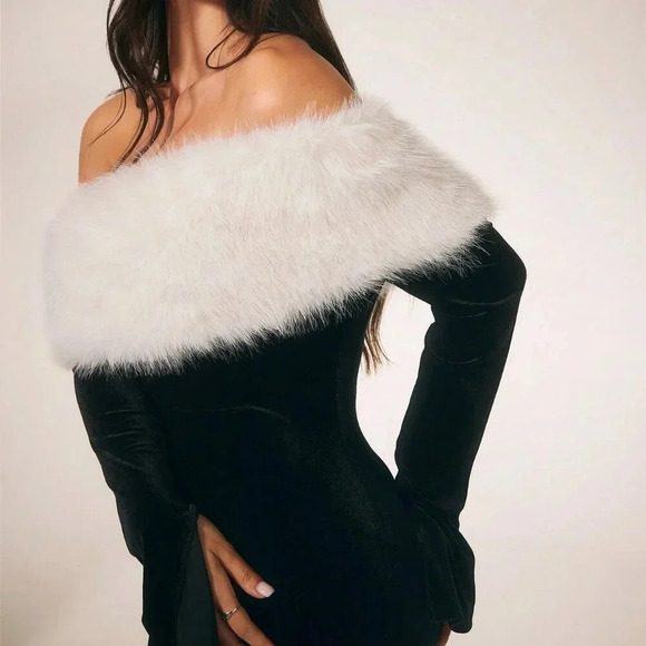 Black Elegant Women's Furry Patchwork Long Sleeve Off-Shoulder Casual Midi Dress - Picture 6 of 6